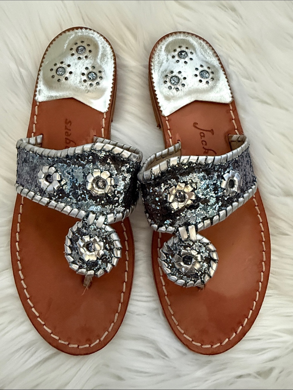 Jack Rogers Silver Sparkle Glitter Jeweled Thong Sandals